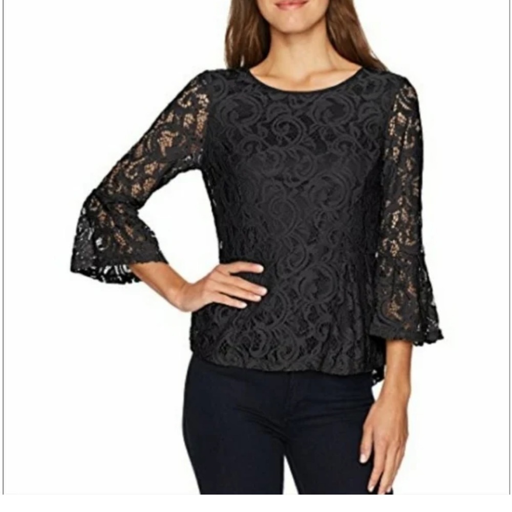 Adrianna Papell Black Lace Top with Lined Body and Sheer Bell Sleeves Size M